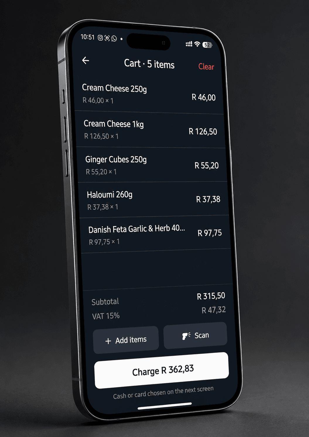 A cart of items with totals, ready to charge, on the app