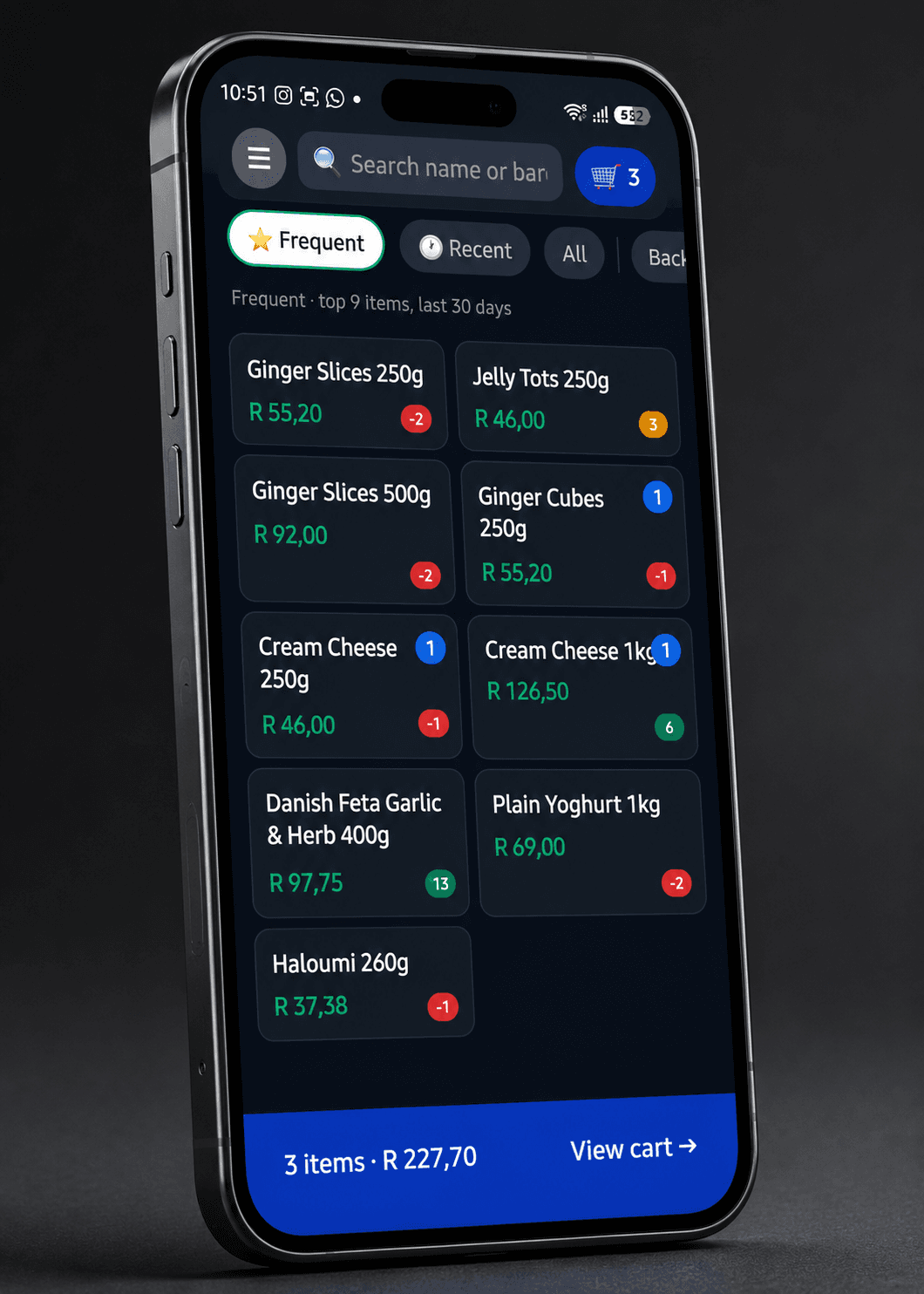 Picking items from a frequently-sold list on the app